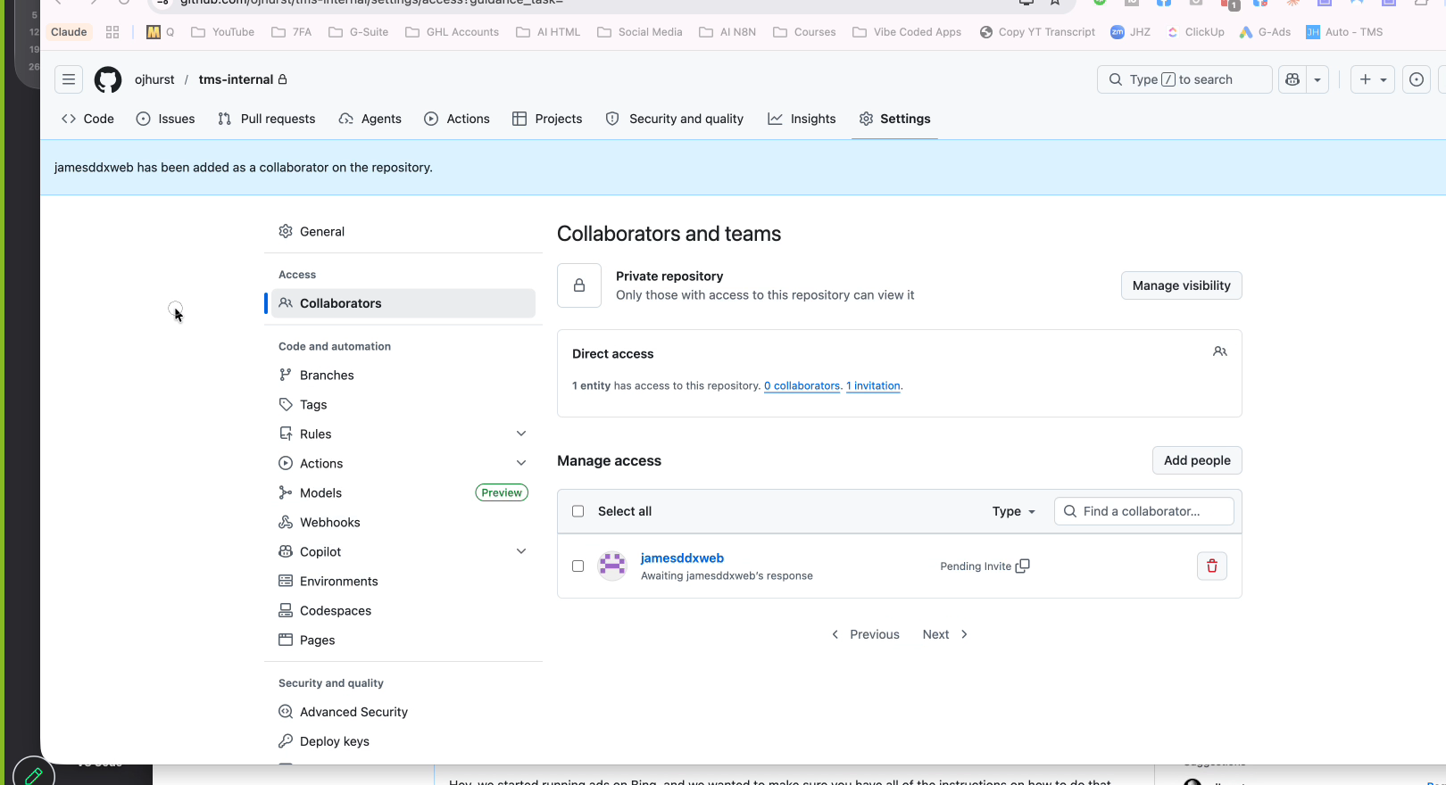Collaborators and teams settings page