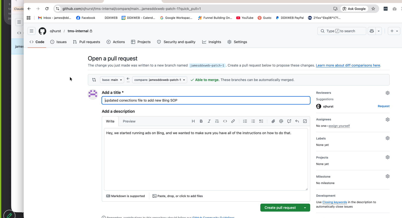 Open a pull request screen